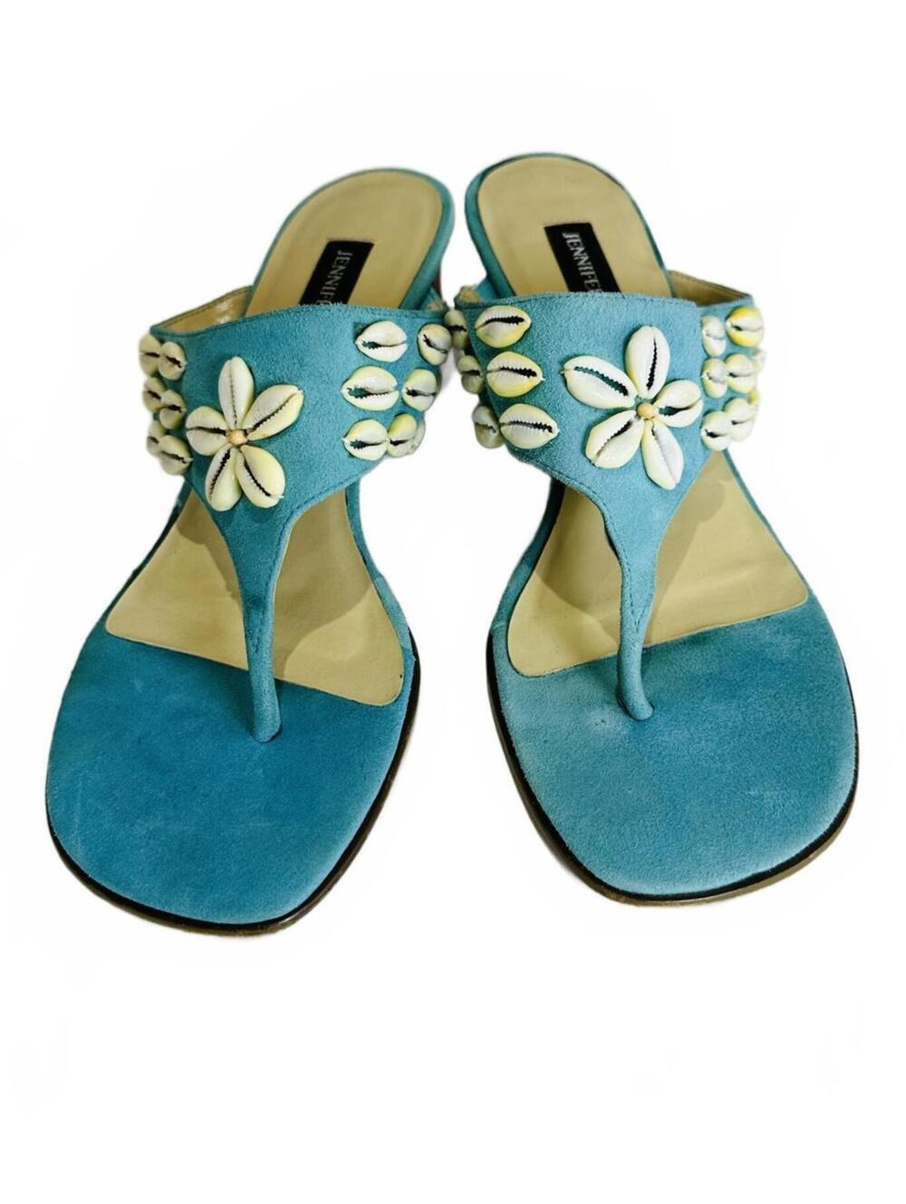 Jennifer Moore Blue Suede Heeled Sandals with Shell Embellishments Size 8.5